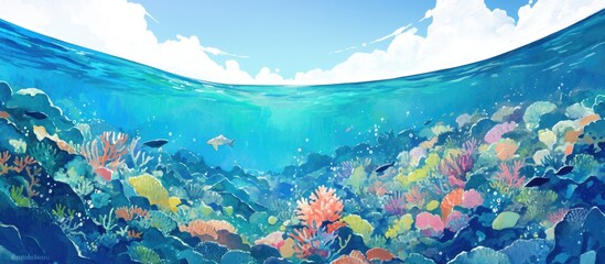 Painting of a vibrant coral reef underwater showcasing a split view of the sea surface and rolling waves above