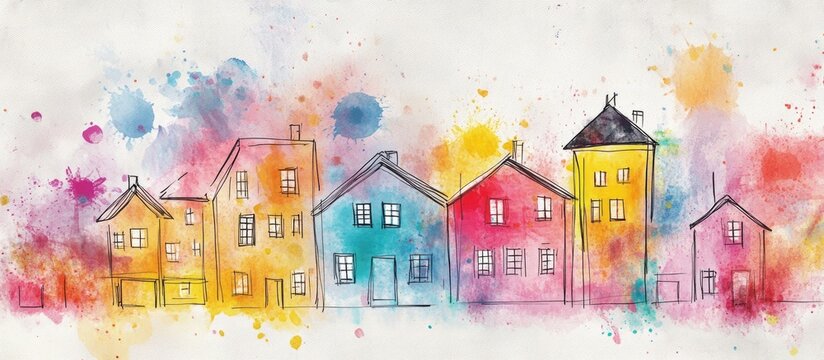 Artistic painting featuring outlined houses on textured watercolor paper enhanced with vibrant watercolor splashes