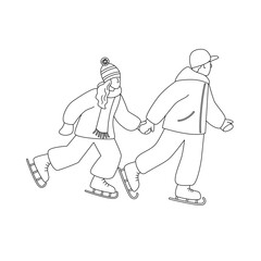 Boy with girl skating  on the rink holding hands. Vector isolated illustration in line style.