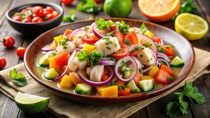 Fresh seafood and crunchy vegetables dance with tangy marinade in an Ecuadorian ceviche, a symphony of flavors and textures in every refreshing bite.