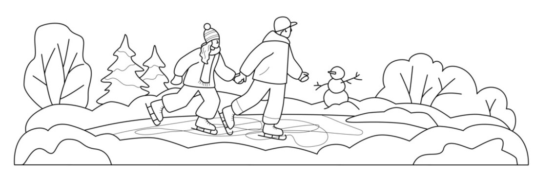 Boy with girl skating  on the rink holding hands. Vector isolated illustration in line style.