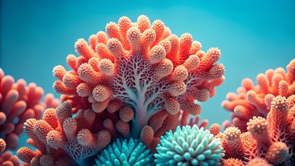 Fototapeta premium Gently undulating coral formations in a soft coral hue dance across a calm light blue surface, their intricate