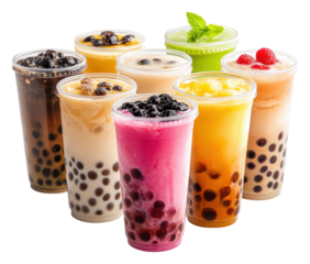 PNG Colorful bubble teas arranged in a vibrant display