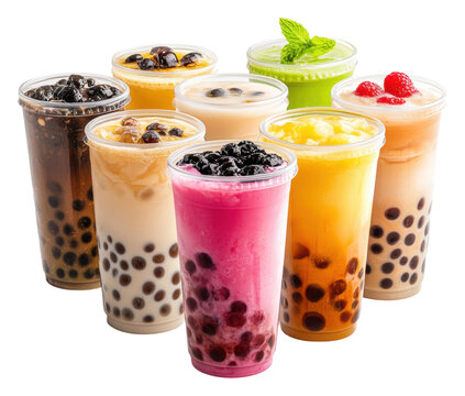 PNG Colorful bubble teas arranged in a vibrant display