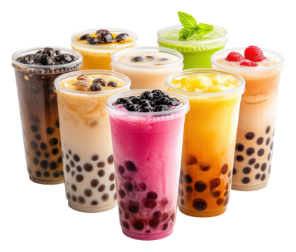 PNG Colorful bubble teas arranged in a vibrant display
