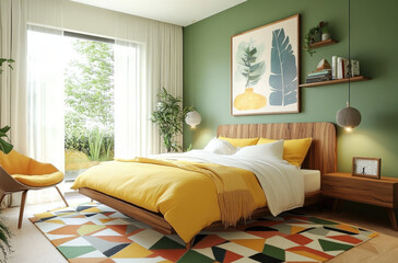 A bedroom with an elegant bed, soft pastel green walls, and vibrant yellow accents. The room includes geometric patterns on the rug and decor elements