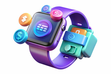 3D Holographic Smartwatch with Glowing Floating Icons Isolated on White Background - Futuristic Concept with Ample Copy Space for Your Creative Needs