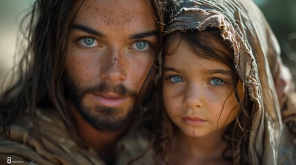 Fototapeta premium A tender moment between a rugged father and his curious daughter captured in the soft light of dawn. Generative AI