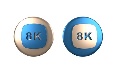 Colorful 8k Ultra HD icon isolated on white background. Circle button. 3D render illustration