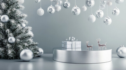 A sleek silver podium surrounded by floating Christmas balloons, a large festive gift box with reindeer designs, and a decorated Christmas tree in the background.