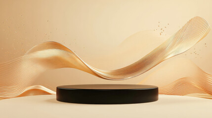 A modern 3D podium with a sleek black base, surrounded by floating abstract shapes and wavy lines in warm golden and brown tones, set against a beige backdrop.