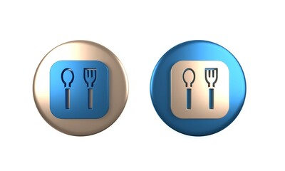 Colorful Fork and spoon icon isolated on white background. Cooking utensil. Cutlery sign. Circle button. 3D render illustration