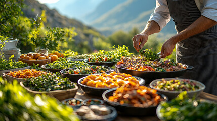 Chef is cooking outdoors  surrounded by mountains and greenery.