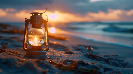Serene Beach Scene with Warm Glowing Oil Lantern at Sunset