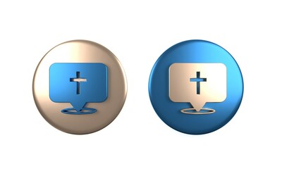 Colorful Map pin church building icon isolated on white background. Christian Church. Religion of church. Circle button. 3D render illustration