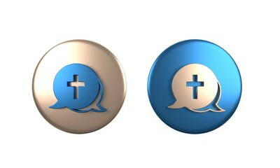 Colorful Christian cross icon isolated on white background. Church cross. Circle button. 3D render illustration