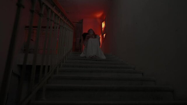 Creepy ghost woman in white dress and scary face mask sitting with toy on staircase in dark haunted house looks at camera, close up. Halloween horror concept.