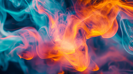 Fototapeta premium Bright streaks of neon orange and cyan smoke twist and swirl dynamically, creating an energetic abstract background with vibrant, flowing colors.
