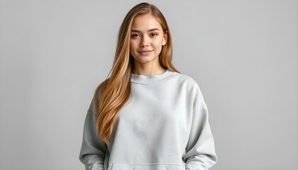 Portrait of a young woman wearing a crewneck blue mockup sweatshirt with fall colors and themed background for autumn season female fashion