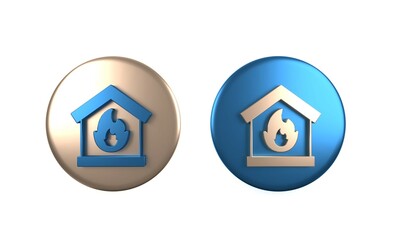 Colorful Fire in burning house icon isolated on white background. Circle button. 3D render illustration