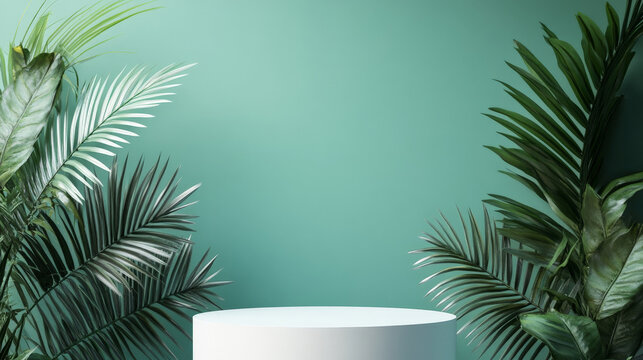 A minimalist matte white podium surrounded by tropical palm leaves, set against a muted teal wall for a simple yet striking tropical display.