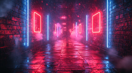 Dark alley with neon lights, cyberpunk city background. A view of the street in an urban environment.