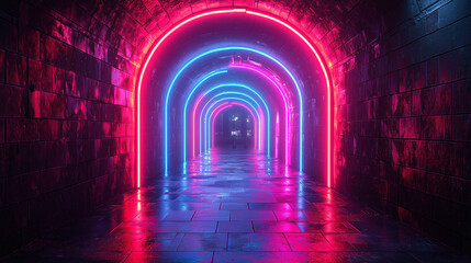 Dark alley with neon lights, cyberpunk city background. A view of the street in an urban environment.