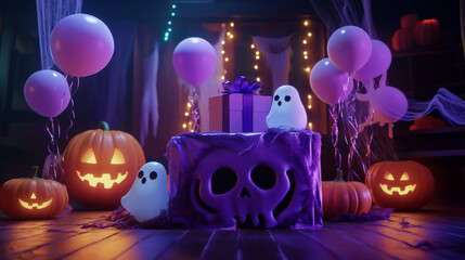 A haunted Halloween podium with ghost-shaped balloons, a gift box wrapped in purple ribbon, and glowing pumpkin lights casting shadows for a spooky display.
