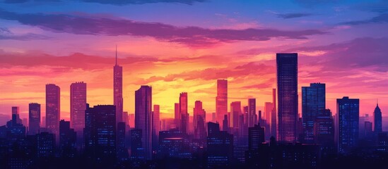Fototapeta premium Dynamic shot of a city skyline at sunset showcasing skyscrapers against a colorful sky reflecting the vibrancy and beauty of urban life