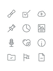 Pencil brush, Photo, Pie chart, Pin, Quote, Refresh, Resize, set of icons for web design, vector illustration