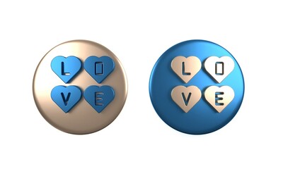 Colorful Love text icon isolated on white background. Valentines day greeting card template. Circle button. 3D render illustration