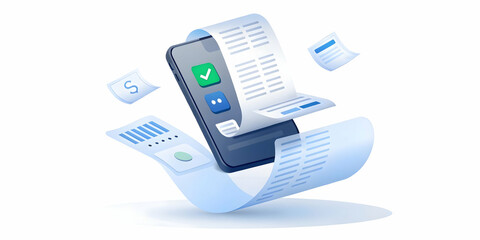 Flat Levitating Receipt Surrounded by Payment Icons - Digital Transactions Concept for Fintech and E-Commerce in Simple Flat Vector Illustration