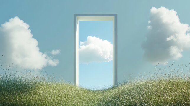 Surreal illustration featuring a closed window revealing a white cloud in a summer landscape with grass A creative and modern take on minimalistic ambient art 3D render