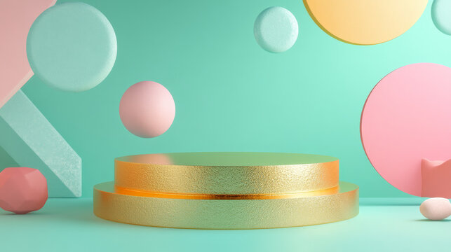 A vibrant 3D podium with a gold surface, set against an abstract background of floating geometric shapes in pastel tones, on a soft mint green backdrop.