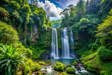 Naklejka premium In the heart of a national park, a breathtaking waterfall cascades down a rocky slope, surrounded by an emerald canopy of lush greenery.