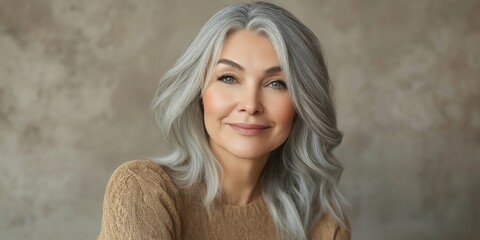A woman with gray hair is smiling and wearing a brown sweater. She has a very friendly and approachable demeanor