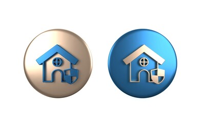 Colorful House with shield icon isolated on white background. Insurance concept. Security, safety, protection, protect concept. Circle button. 3D render illustration