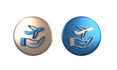 Colorful Plane in hand icon isolated on white background. Flying airplane. Airliner insurance. Security, safety, protection, protect concept. Circle button. 3D render illustration