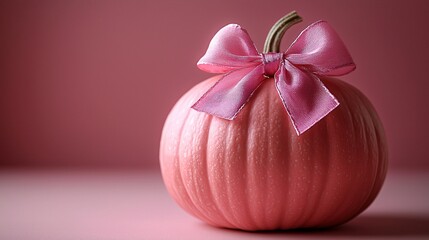 A whimsical pastel pink pumpkin adorned with a satin bow, perfect for Thanksgiving and Halloween celebrations, designed for creative seasonal projects with copy space.