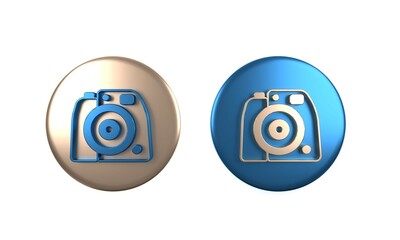 Obraz premium Colorful Photo camera icon isolated on white background. Foto camera. Digital photography. Circle button. 3D render illustration