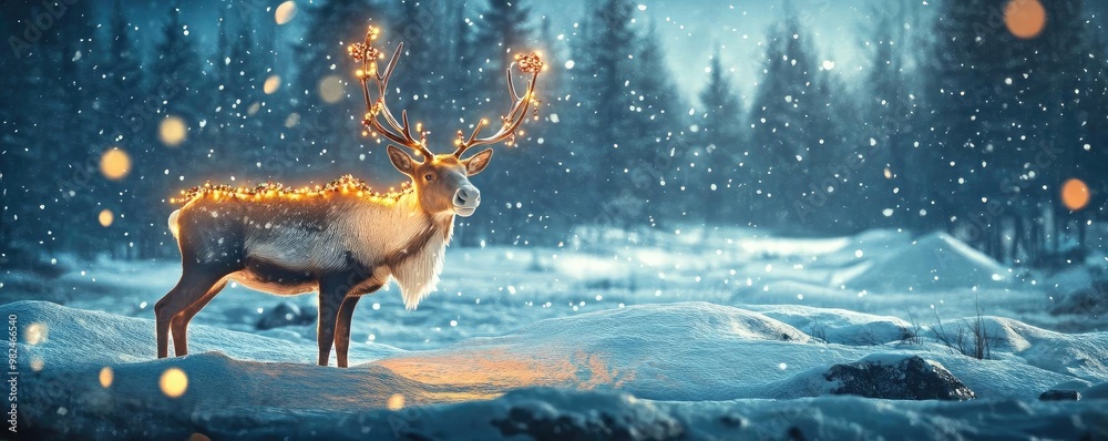 Aufkleber a serene winter scene featuring a majestic reindeer adorned with glowing lights amidst falling snow 