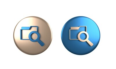 Colorful Search concept with folder icon isolated on white background. Magnifying glass and document. Data and information sign. Circle button. 3D render illustration