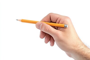 Man's hand holding a pencil with orange-yellow color on white background