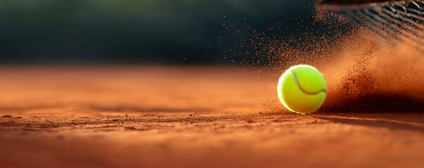A close-up of a tennis ball with dirt particles in mid-air and a blurred background of a red clay court.