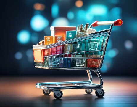 Un carrito de compras virtual en una pantalla de ordenador o m&oacute;vil, con varios art&iacute;culos; compras en l&iacute;nea