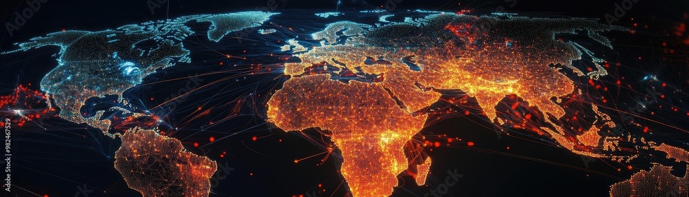 Poster A captivating view of a glowing world map illustrating interconnectedness and digital transformation across continents.