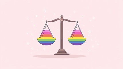 A vibrant illustration of a balance scale featuring rainbow colors, symbolizing fairness, equality, and pride in diversity.