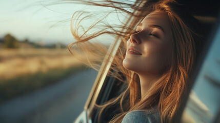 A joyful woman enjoys the breeze with her hair flowing outside a car window, embodying freedom and happiness on a scenic drive.