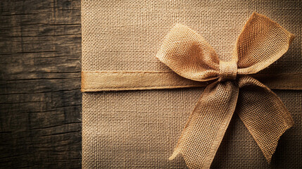 A beautifully wrapped rustic gift in burlap with a tied bow, resting on a wooden surface.