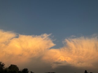 Blue sky with stormy menacing Anvil cloud, Cumulonimbus incus illuminated in orange by sunlight at the evening over dark horizon with trees. Topics: storm alert, meteorology, weather, nature, climate